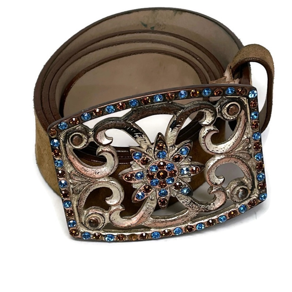 Brambilla Milano Tan Western Leather Belt Oversized Rhinestone Buckle Medium